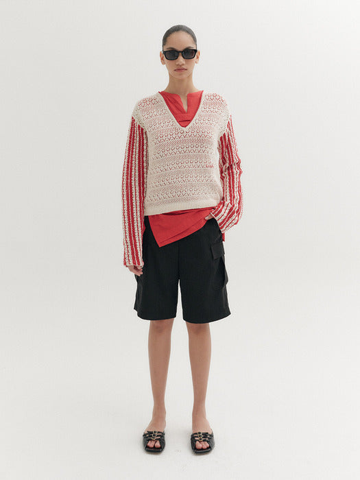 [EENK] Contrast V-Neck Pullover - Ivory