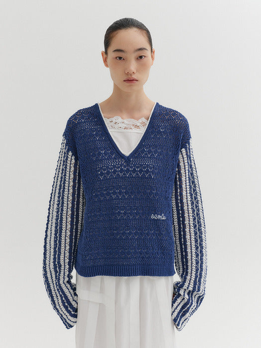 Eenk Contrast V-Neck Pullover - Navy