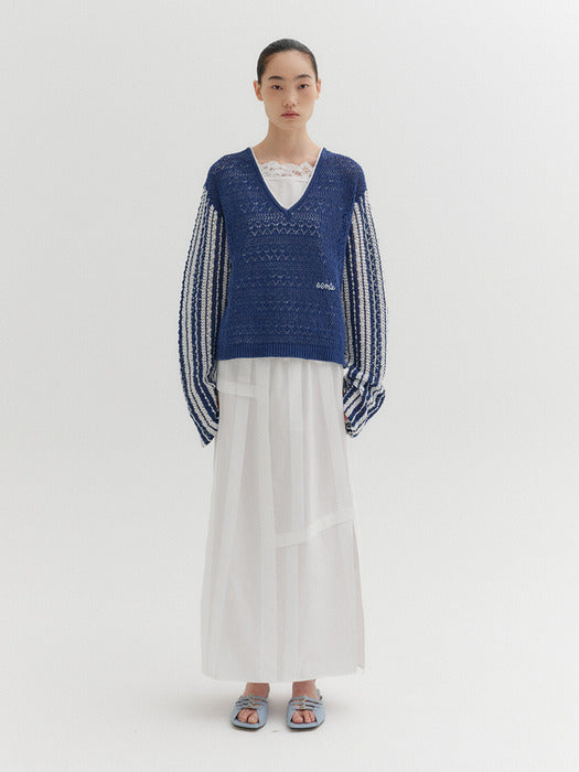 Eenk Contrast V-Neck Pullover - Navy