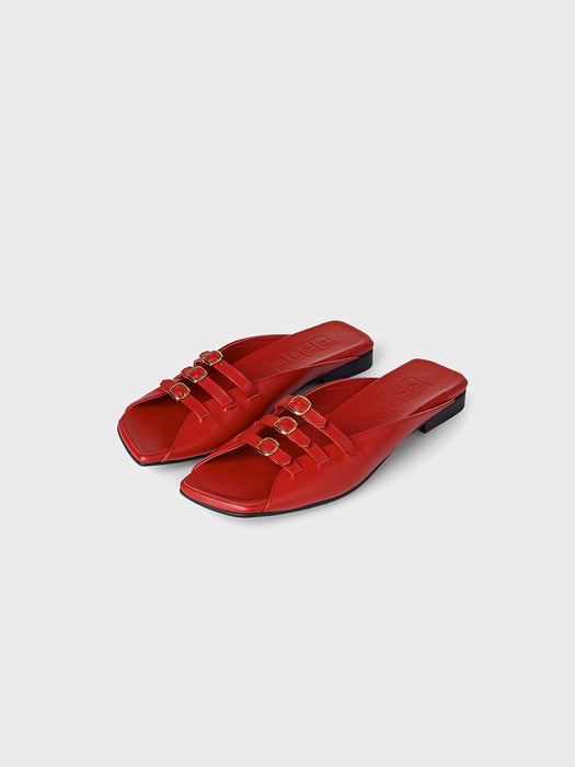 Eenk Triple Buckle Square Flats - Red