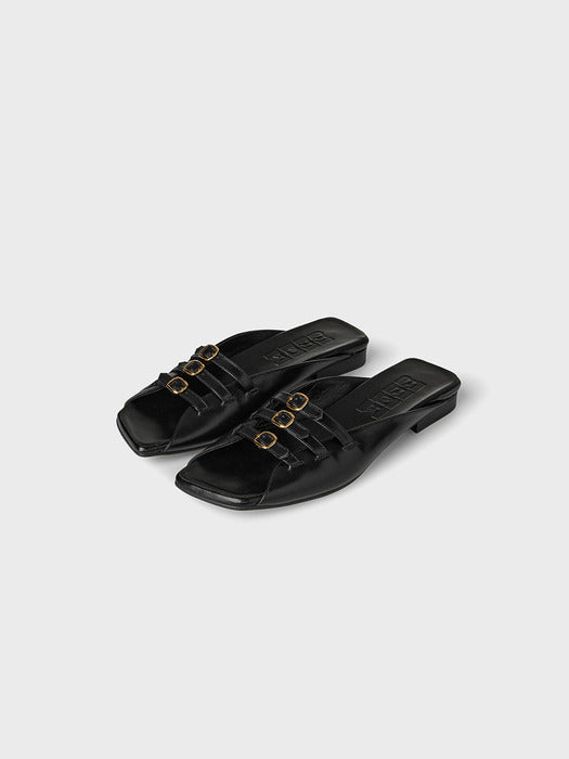 Eenk Triple Buckle Square Flats - Black