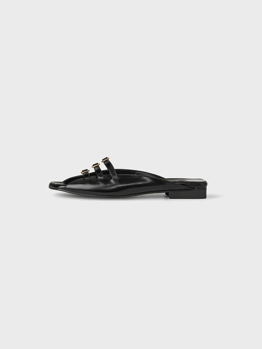 Eenk Triple Buckle Square Flats - Black