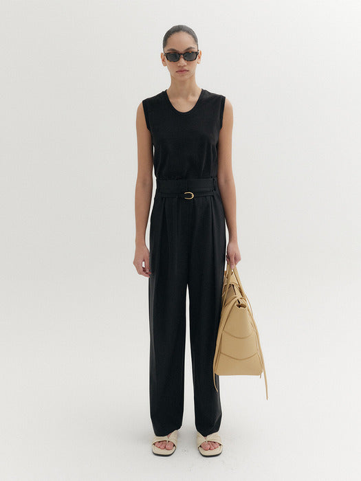 [EENK] High Waisted Belted Tuck Pants - Black