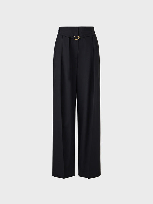 [EENK] High Waisted Belted Tuck Pants - Black