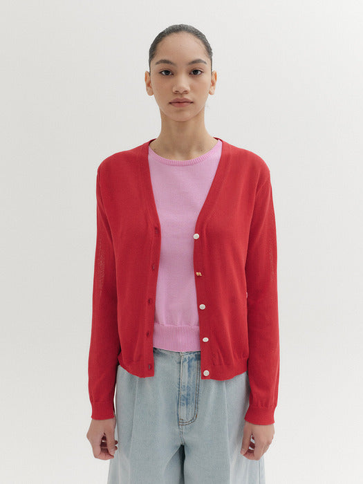 [EENK] Logo Detail Knitwear Cardigan - Red