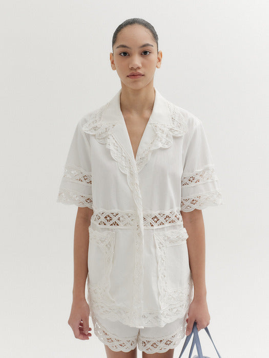 Eenk Short Sleeve Lace Trim Shirt - White