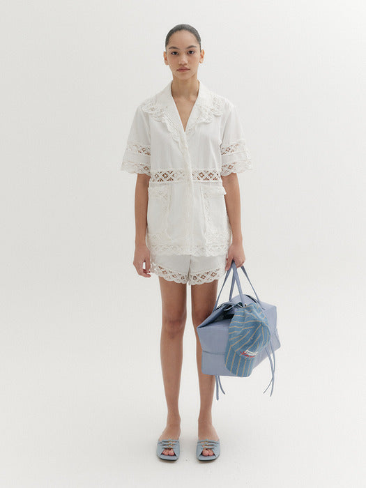 Eenk Short Sleeve Lace Trim Shirt - White