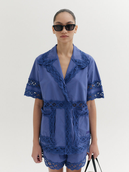 Eenk Short Sleeve Lace Trim Shirt - Blue