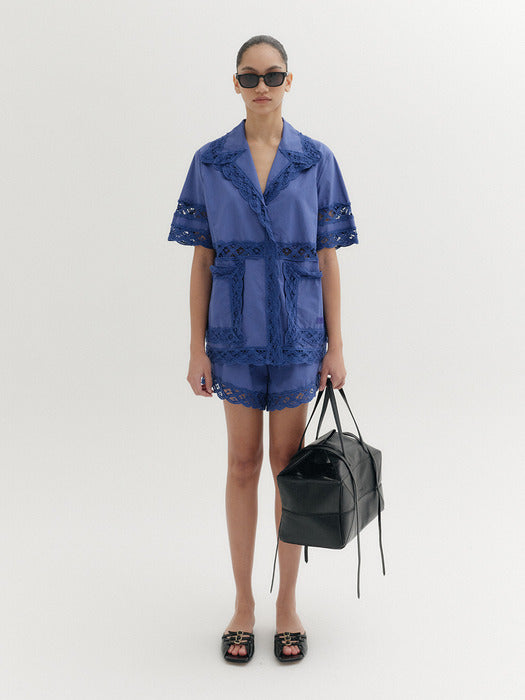 Eenk Short Sleeve Lace Trim Shirt - Blue