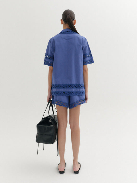 Eenk Short Sleeve Lace Trim Shirt - Blue
