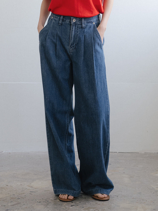 Tillidie Classic washing cotton denim pants Deep blue