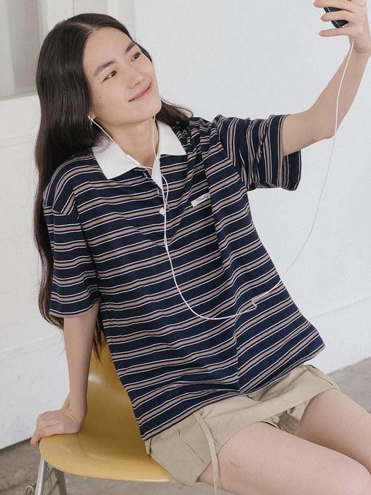 Tillidie Stripe collar logo point t-shirt Navy