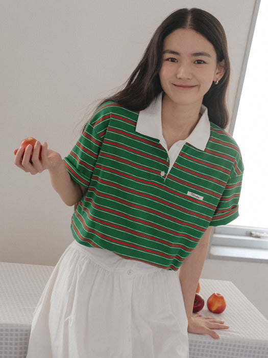 Tillidie Stripe collar logo point t-shirt Green