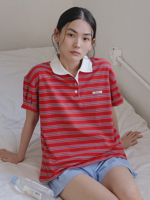 Tillidie Stripe collar logo point t-shirt Red