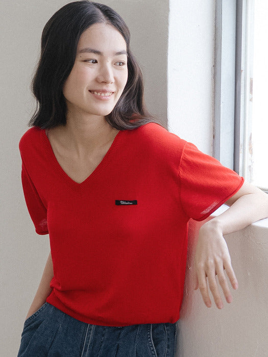 Tillidie V-neck linen blended knit Red