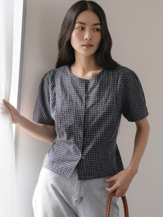 Tillidie Tied check puff blouse Navy