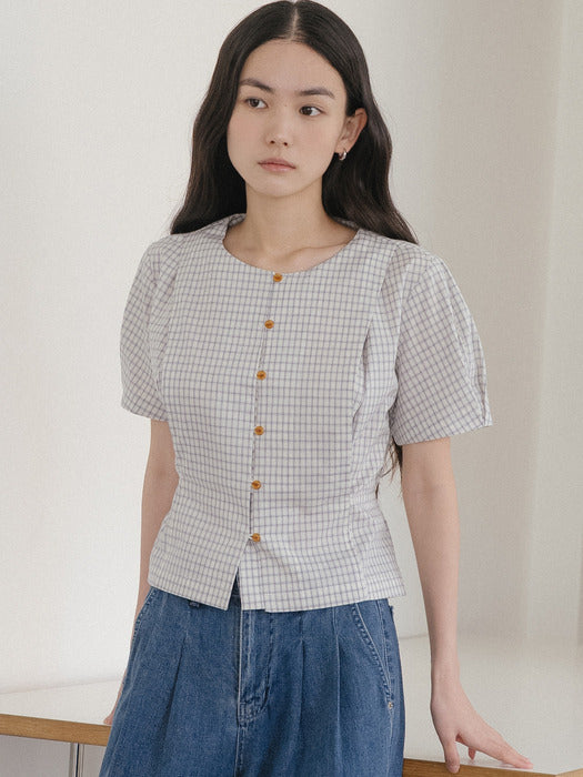 Tillidie Tied check puff blouse Ivory