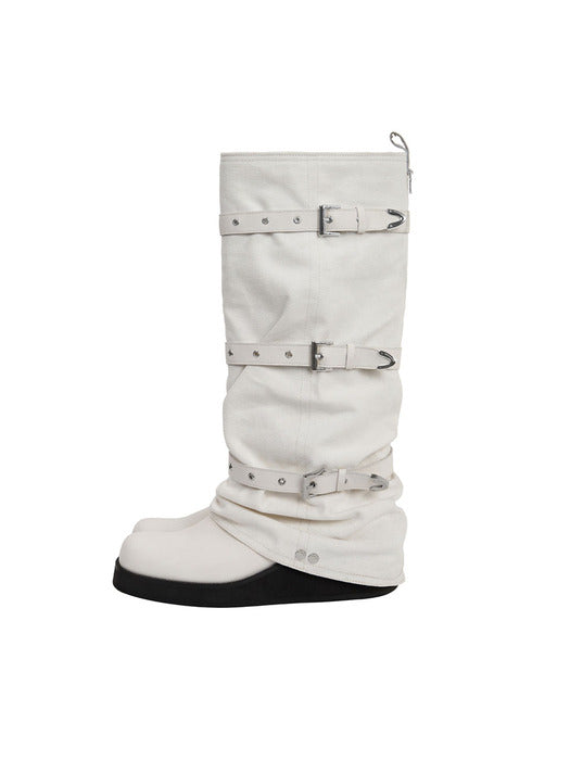Treemingbird Bold Wrinkled Belted Long Boots White