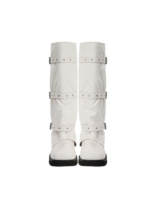 Treemingbird Bold Wrinkled Belted Long Boots White