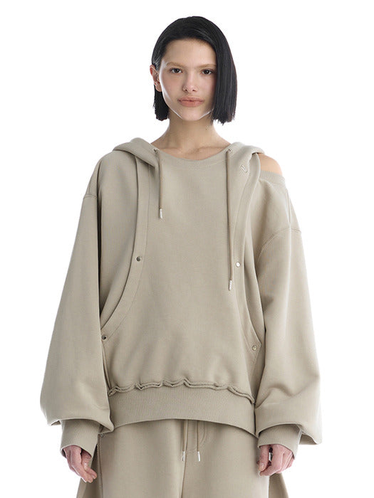 Wconcept_Treemingbird Tmb One-Shoulder Raw Cut Set-Up Hoodie [ Beige ]