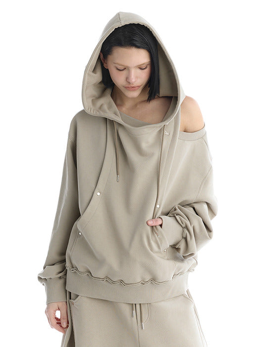 Wconcept_Treemingbird Tmb One-Shoulder Raw Cut Set-Up Hoodie [ Beige ]