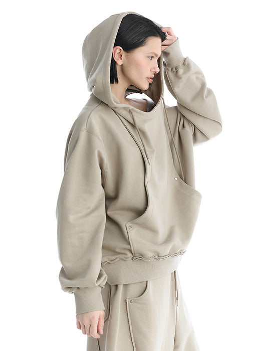 Wconcept_Treemingbird Tmb One-Shoulder Raw Cut Set-Up Hoodie [ Beige ]