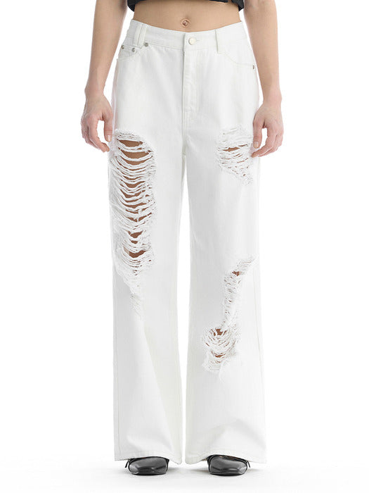Wconcept_Treemingbird Scratch Damage Cotton Twill Pants [ White ]
