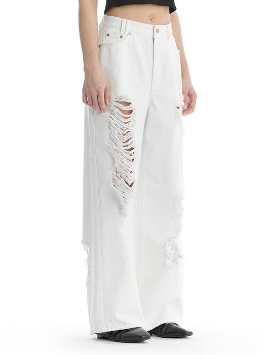 Wconcept_Treemingbird Scratch Damage Cotton Twill Pants [ White ]