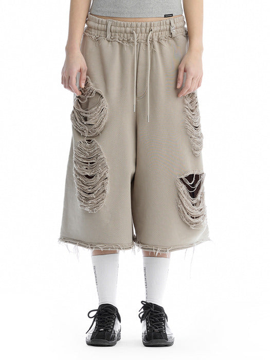 Wconcept_Treemingbird Scratch Damage Bermuda Sweat Pants [ Beige ]