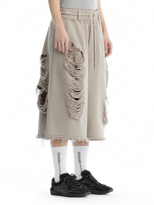 Wconcept_Treemingbird Scratch Damage Bermuda Sweat Pants [ Beige ]
