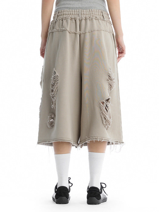 Wconcept_Treemingbird Scratch Damage Bermuda Sweat Pants [ Beige ]