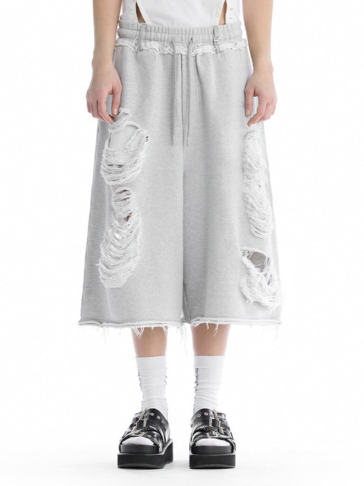 Wconcept_Treemingbird Scratch Damage Bermuda Sweat Pants [ Melange Gray ]