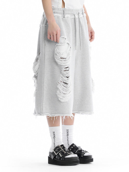 Wconcept_Treemingbird Scratch Damage Bermuda Sweat Pants [ Melange Gray ]