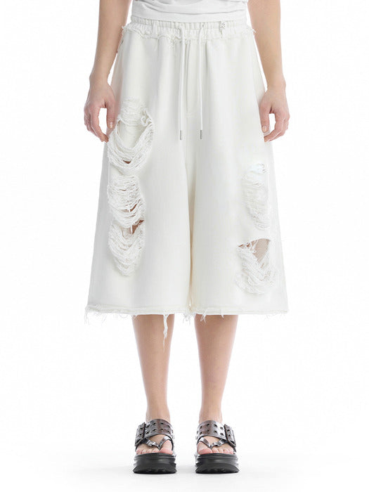 Wconcept_Treemingbird Scratch Damage Bermuda Sweat Pants [ White ]