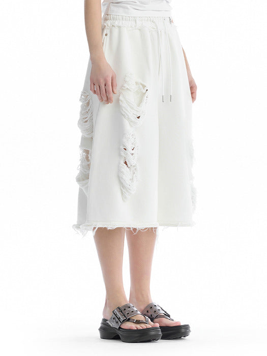 Wconcept_Treemingbird Scratch Damage Bermuda Sweat Pants [ White ]