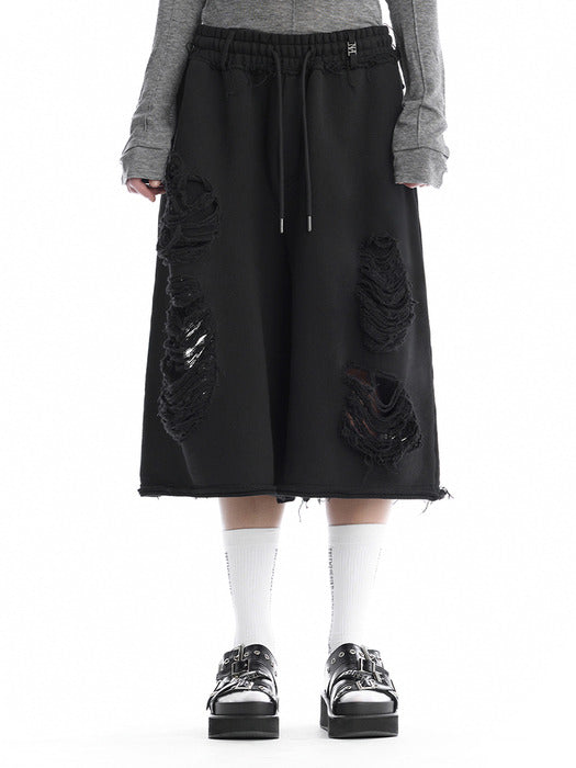 Wconcept_Treemingbird Scratch Damage Bermuda Sweat Pants [ Black ]
