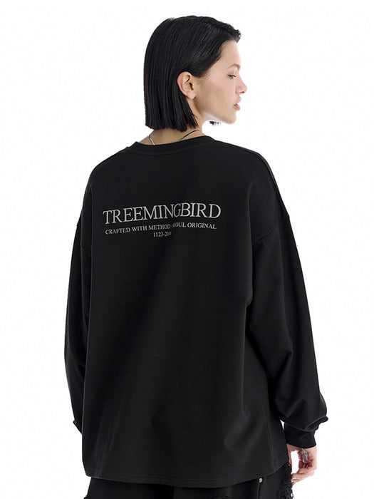 Wconcept_Treemingbird Lettering Oversized Unisex Long-Sleeve T-Shirts [ Black ]