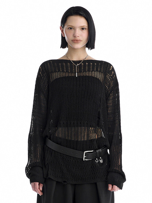 Wconcept_Treemingbird Cut-Out Mesh Knit Pullover [ Black ]