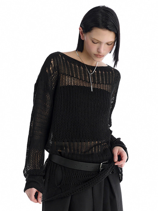 Wconcept_Treemingbird Cut-Out Mesh Knit Pullover [ Black ]
