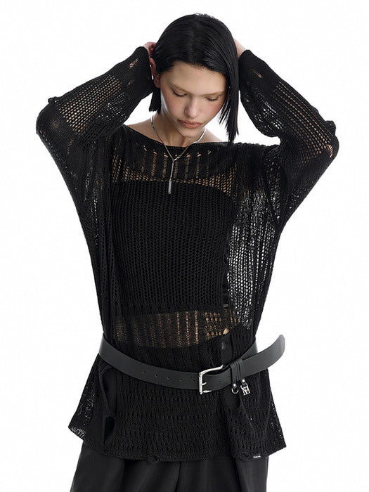 Wconcept_Treemingbird Cut-Out Mesh Knit Pullover [ Black ]