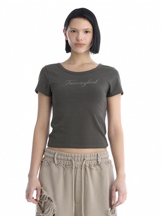 Wconcept_Treemingbird Metallic Hot-Fix Logo Slim T-Shirt [ Charcoal ]