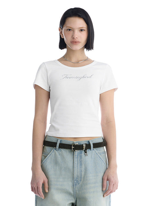 Wconcept_Treemingbird Metallic Hot-Fix Logo Slim T-Shirt [ White ]
