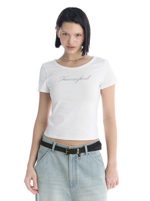 Wconcept_Treemingbird Metallic Hot-Fix Logo Slim T-Shirt [ White ]
