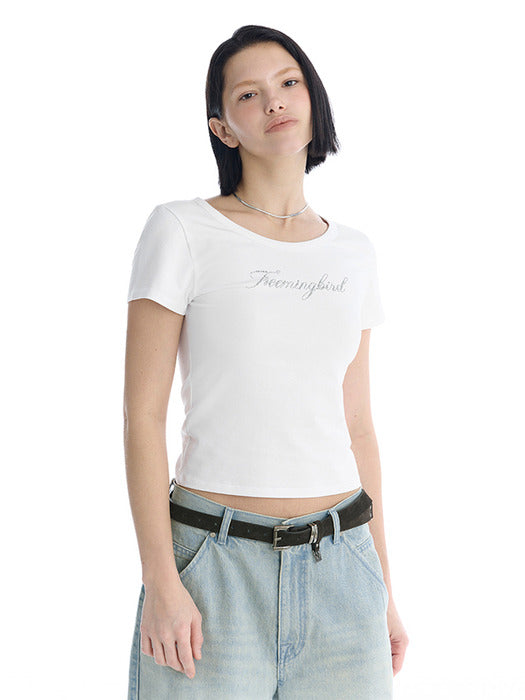 Wconcept_Treemingbird Metallic Hot-Fix Logo Slim T-Shirt [ White ]