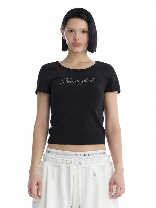 Wconcept_Treemingbird Metallic Hot-Fix Logo Slim T-Shirt [ Black ]