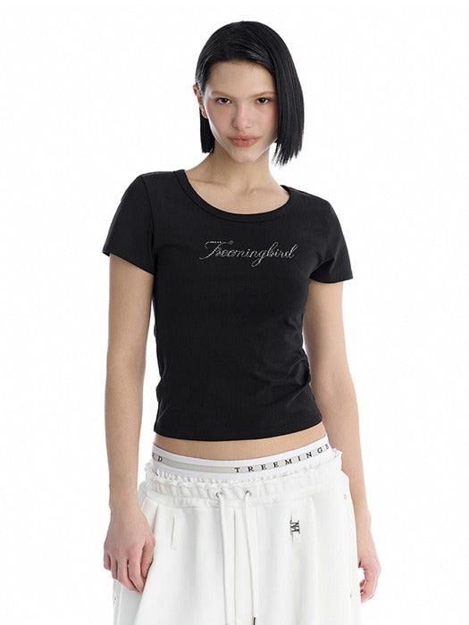 Wconcept_Treemingbird Metallic Hot-Fix Logo Slim T-Shirt [ Black ]