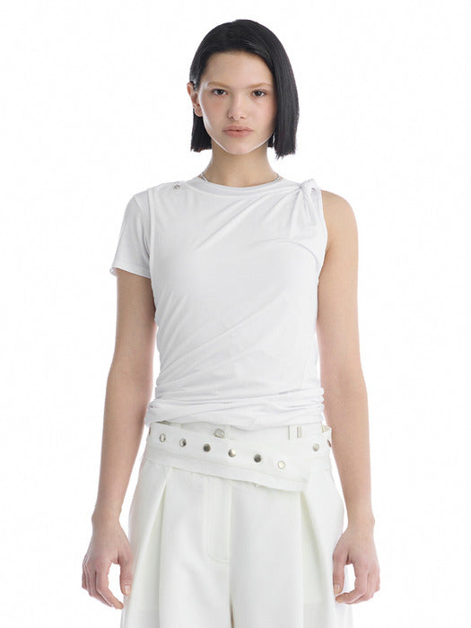 Wconcept_Treemingbird Double-Layer Asymmetric Shoulder T-Shirt [ White ]