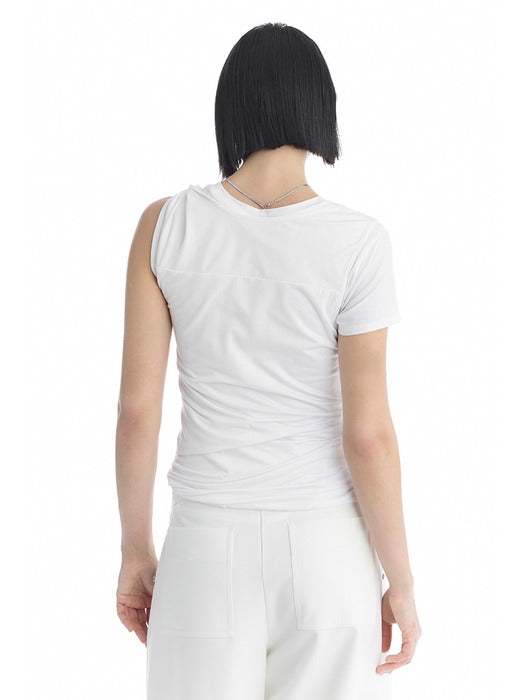 Wconcept_Treemingbird Double-Layer Asymmetric Shoulder T-Shirt [ White ]