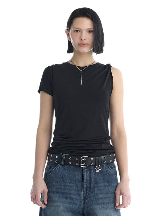 Wconcept_Treemingbird Double-Layer Asymmetric Shoulder T-Shirt [ Black ]