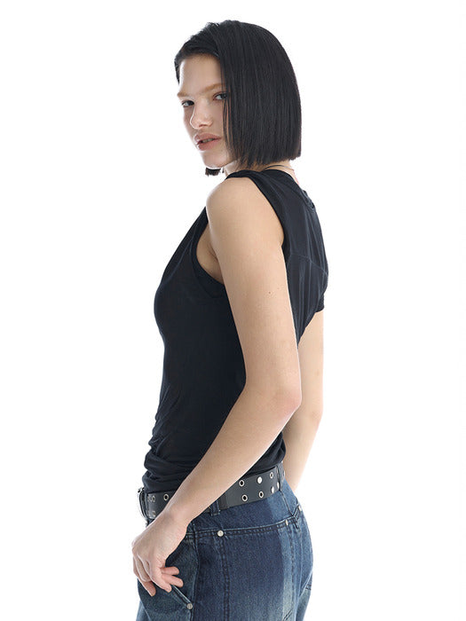 Wconcept_Treemingbird Double-Layer Asymmetric Shoulder T-Shirt [ Black ]